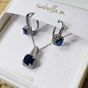 New 925 Sapphire Blue Cubic Zirconia CZ Sterling Silver Earrings Necklace Set